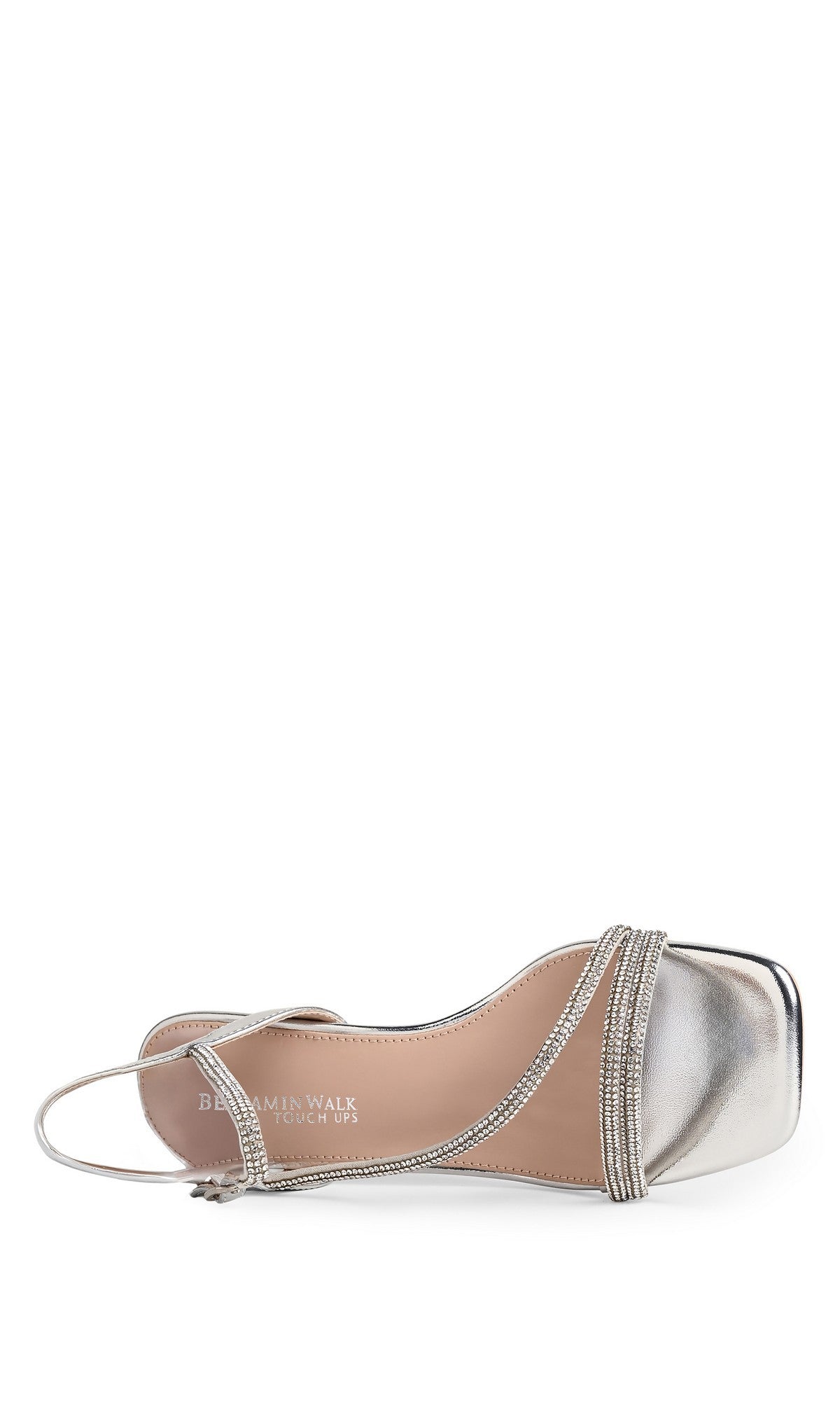 The Tiffany Silver Prom Shoes: Touch Ups 4757 are women’s sandals with a square toe, crystal-embellished straps, and a low heel, shown from above on a white background—perfect as silver prom shoes.